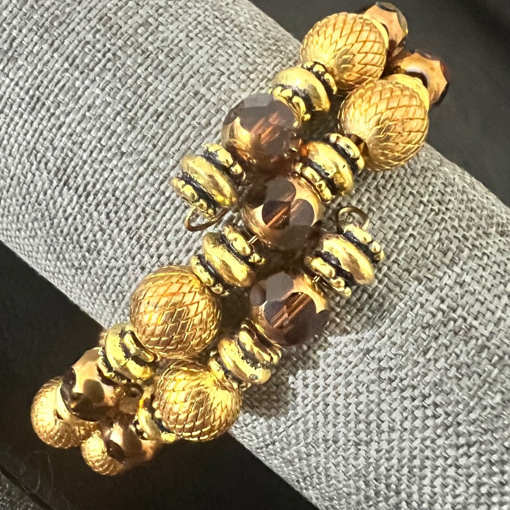 Gold Tone Amber Glass Beaded Multi Row Coil Wrap Bracelet‎ One Size Whimsigoth